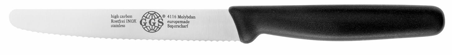 EQUINOX Tomato Knife 13 cm – GGS Solingen Germany Serrated Utility Knife/Knife Set, Ultra Sharp Stainless Steel, Professional Kitchen Knives for Steak, Vegetables & Fruits (Black 1 Knife)
