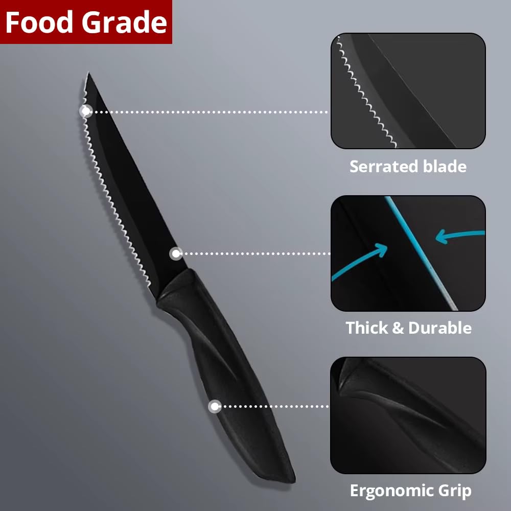 EQUINOX Professional Stainless Steel Steak Knife Set, 4-Piece Kitchen Knives with Ergonomic Black Handles, Serrated Edge, Premium Dining Cutlery (4)