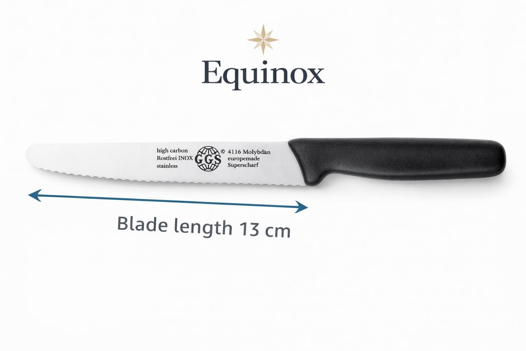 EQUINOX Tomato Knife 13 cm – GGS Solingen Germany Serrated Utility Knife/Knife Set, Ultra Sharp Stainless Steel, Professional Kitchen Knives for Steak, Vegetables & Fruits (Black 1 Knife)