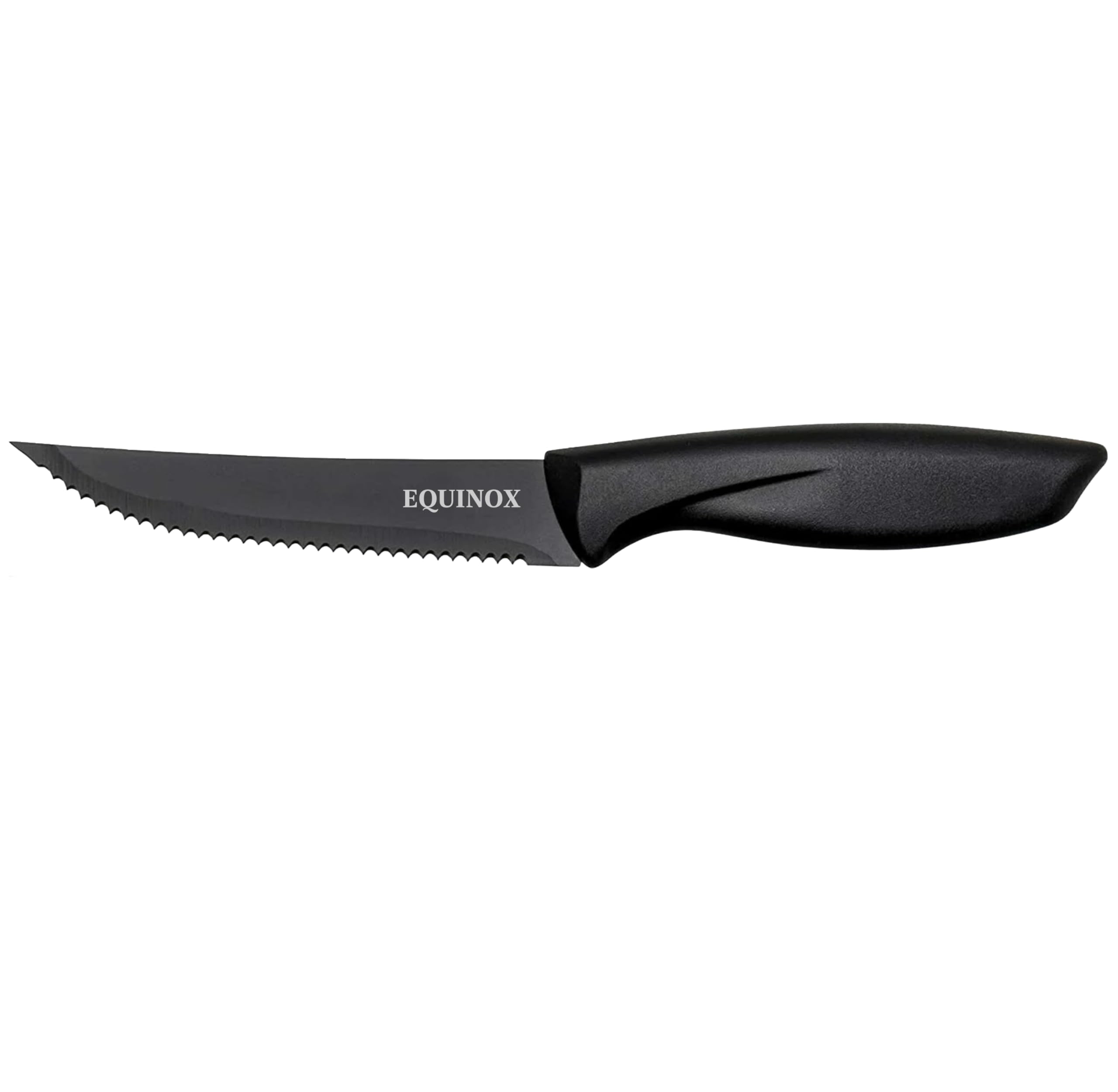 EQUINOX Professional Stainless Steel Steak Knife Set, 4-Piece Kitchen Knives with Ergonomic Black Handles, Serrated Edge, Premium Dining Cutlery (4)