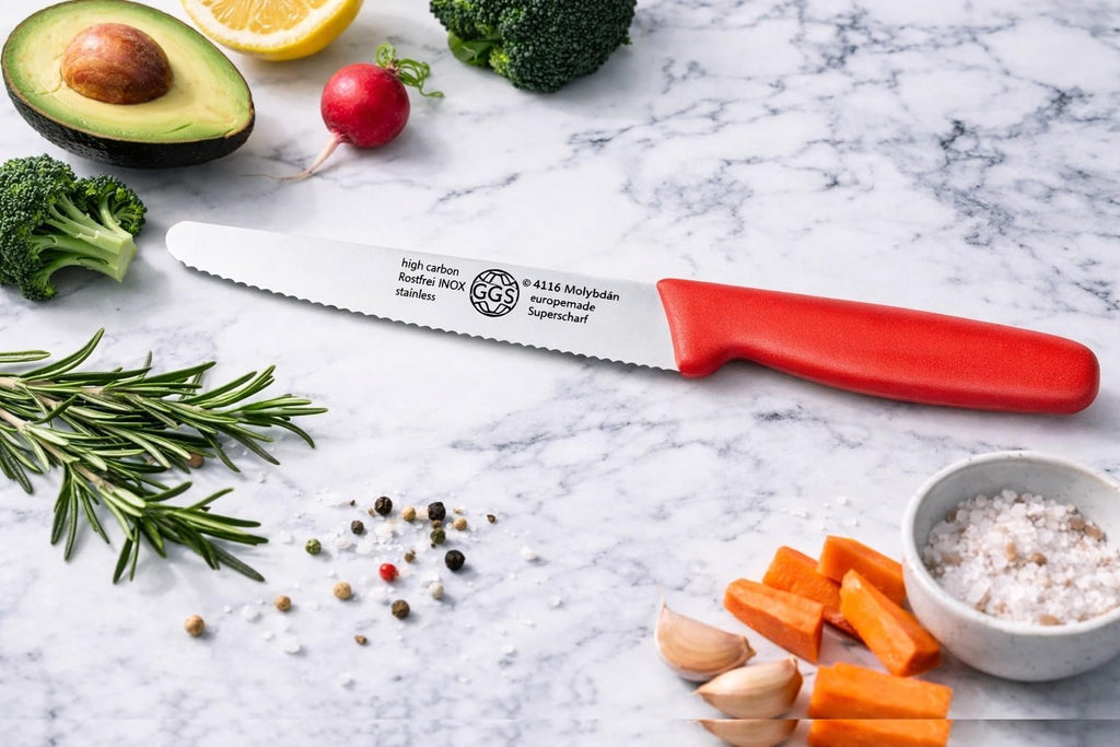 EQUINOX Tomato Knife 13 cm – GGS Solingen Germany Serrated Utility Knife/Knife Set, Ultra Sharp Stainless Steel, Professional Kitchen Knives for Steak, Vegetables & Fruits (Black 1 Knife)