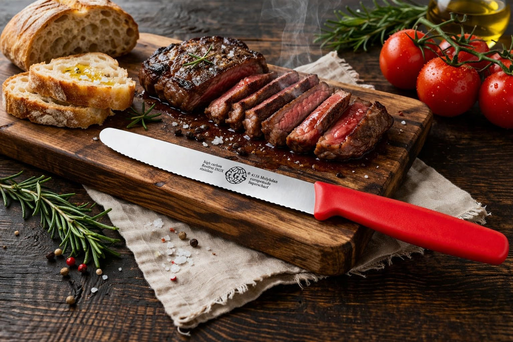 EQUINOX Tomato Knife 13 cm – GGS Solingen Germany Serrated Utility Knife/Knife Set, Ultra Sharp Stainless Steel, Professional Kitchen Knives for Steak, Vegetables & Fruits (Black 1 Knife)