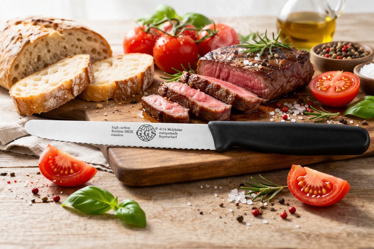 EQUINOX Tomato Knife 13 cm – GGS Solingen Germany Serrated Utility Knife/Knife Set, Ultra Sharp Stainless Steel, Professional Kitchen Knives for Steak, Vegetables & Fruits (Black 1 Knife)