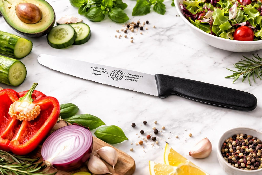 EQUINOX Tomato Knife 13 cm – GGS Solingen Germany Serrated Utility Knife/Knife Set, Ultra Sharp Stainless Steel, Professional Kitchen Knives for Steak, Vegetables & Fruits (Black 1 Knife)