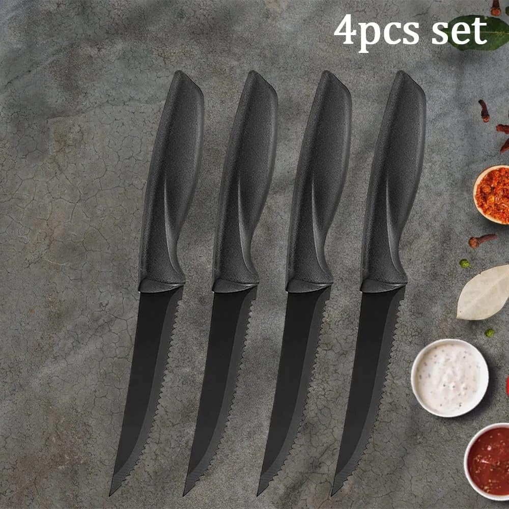 EQUINOX Professional Stainless Steel Steak Knife Set, 4-Piece Kitchen Knives with Ergonomic Black Handles, Serrated Edge, Premium Dining Cutlery (4)